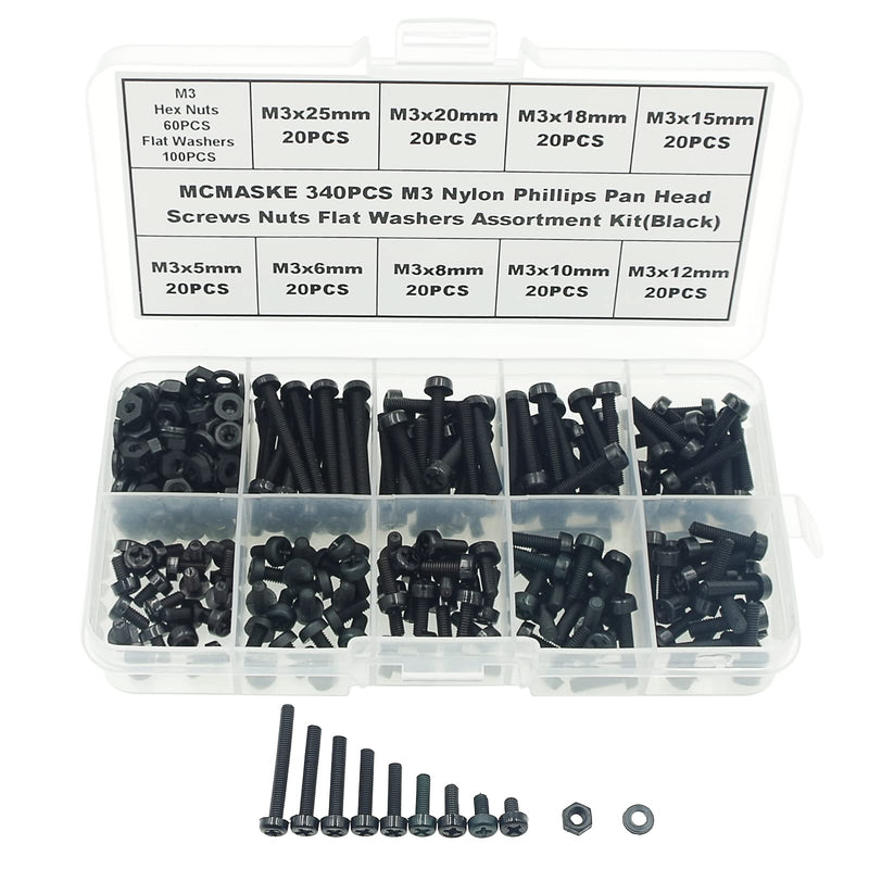 Metric M3 Phillips Pan Head Nylon Screws Nut Washer Assortment Kit,Screws Length:5mm to 25mm(Black)