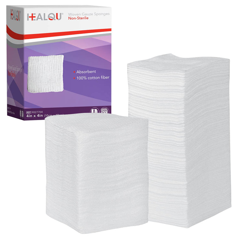 HEALQU 4x4 Gauze Pads - 12 Ply Woven Pack of 200 - Ultra Absorbent Soft Non-Sterile Surgical Sponges for Wound Dressing, Debridement, Cleaning and Prepping 4x4" - 12 Ply Bag/200