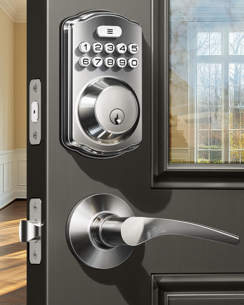 Veise Keyless Entry Door Lock with 2 Lever Handles - Electronic Keypad Deadbolt, Easy Installation Digital Smart Front Door Lock Set, Satin Nickel Door Lever