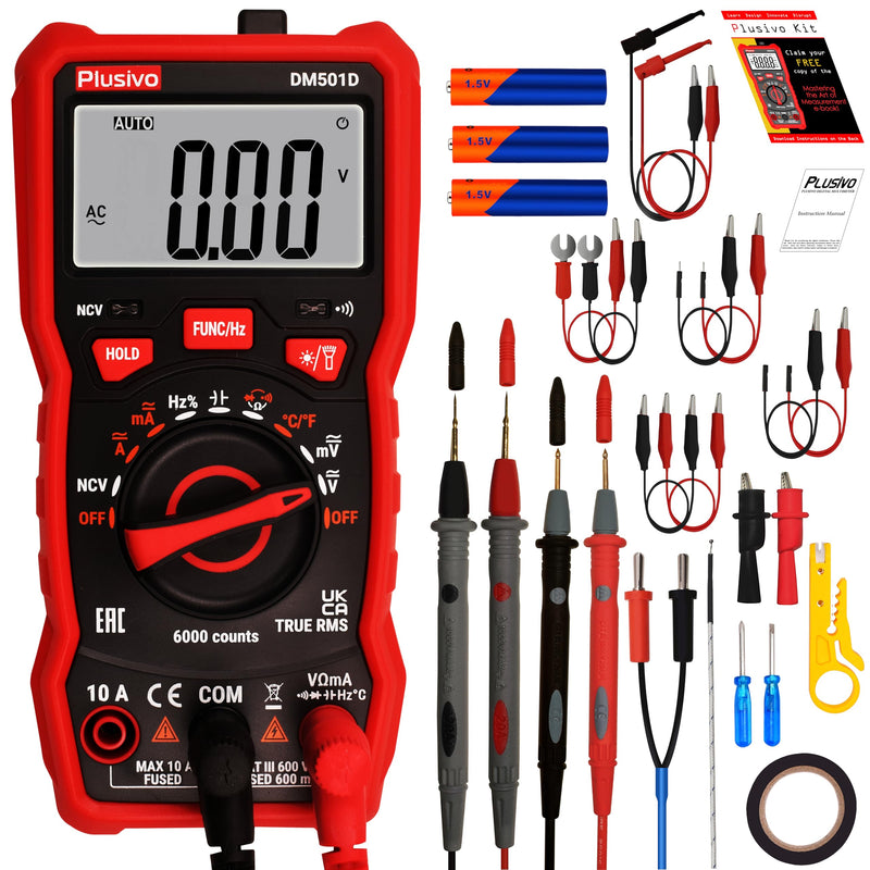 Multimeter 6000 Counts Digital Multimeter Auto Ranging TRMS AC DC Voltmeter Ohm Volt Amp NCV Diode Tester; Measures Voltage Current Resistance Temperature Frequency Buzzer with Test Leads, Probes