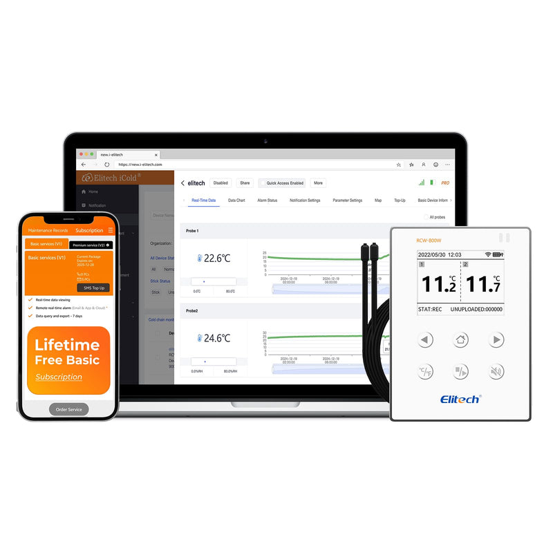 Elitech Wireless Digital Data Logger Remote Real-Time Temperature Monitor Cloud Data Storage SMS/Email/APP/Web Alarm, WiFi Dual External Temp Probe, RCW-800W-TDE(-40~176℉) with Free Cloud Service Support 2.4GHz/5GHz WiFi 1