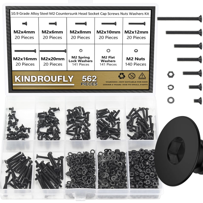 562 Pieces Black M2 x 4/6 /8/10 /12/16 /20mm Countersunk Head Socket Cap Screws Nuts Washers Assortment Kit, 10.9 Grade Alloy Steel