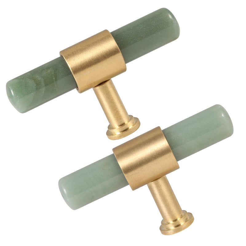TUMBEELLUWA Set of 2 Crystal Stone T Bar Pull Handles with Screws, Brushed Brass Single Hole Quartz Stick Hardware Cabinet Knobs for Dresser Cupboard Kitchen Decor, Green Aventurine
