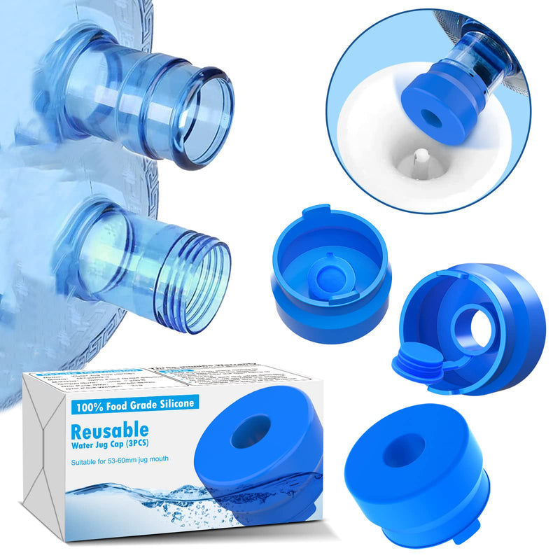 MYLOLF 3 & 5 Gallon Water Jug Cap, 3 Pack Reusable Food Grade Silicone Replacement Cap for 55mm Standard/Screw/Crown Tops Water Bottle and Water Dispensers, Non-Spill & Leak Free