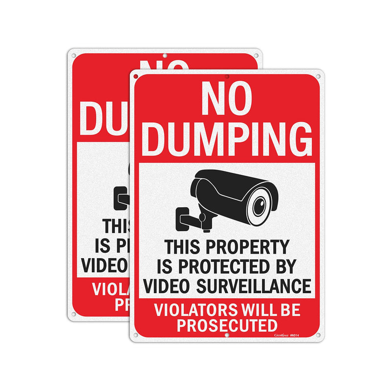 GicnKeuz Large No Dumping signs, 14x10 Inches Property Protected by Video Surveillance signs, Reflective Aluminum, Fade Resistant/Waterproof, Indoor or Outdoor Use (2-Pack) RED 2 PACK