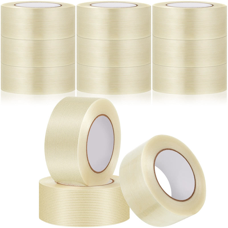 Amylove 12 Rolls Filament Strapping Tape 5.7 Mil Fiberglass Tape Filament Tape Transparent Reinforced Packing Tape Fiber Tape for Packaging Sealing Binding Fixing Supplies (2 Inch x 55 Yard) 2 Inch x 55 Yard