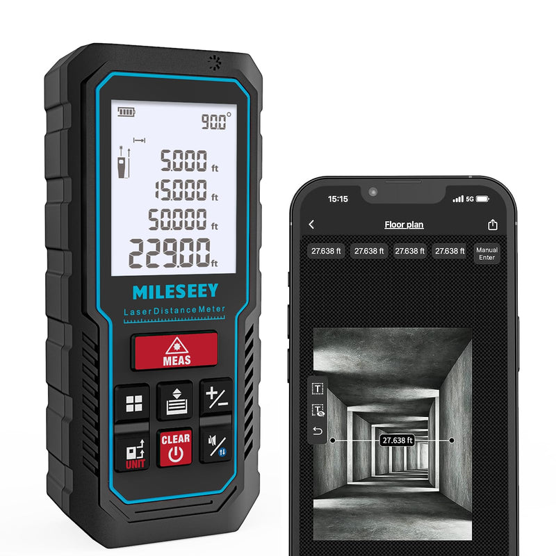 MILESEEY Laser Measurement Tool, ±2mm Accuracy Laser Measure with Digital Angle Level, Laser Tape Measure with Phone App, Record Data and Make Your own Sketch Support Hand-Drawn Plan/Draw on Picture 229ft