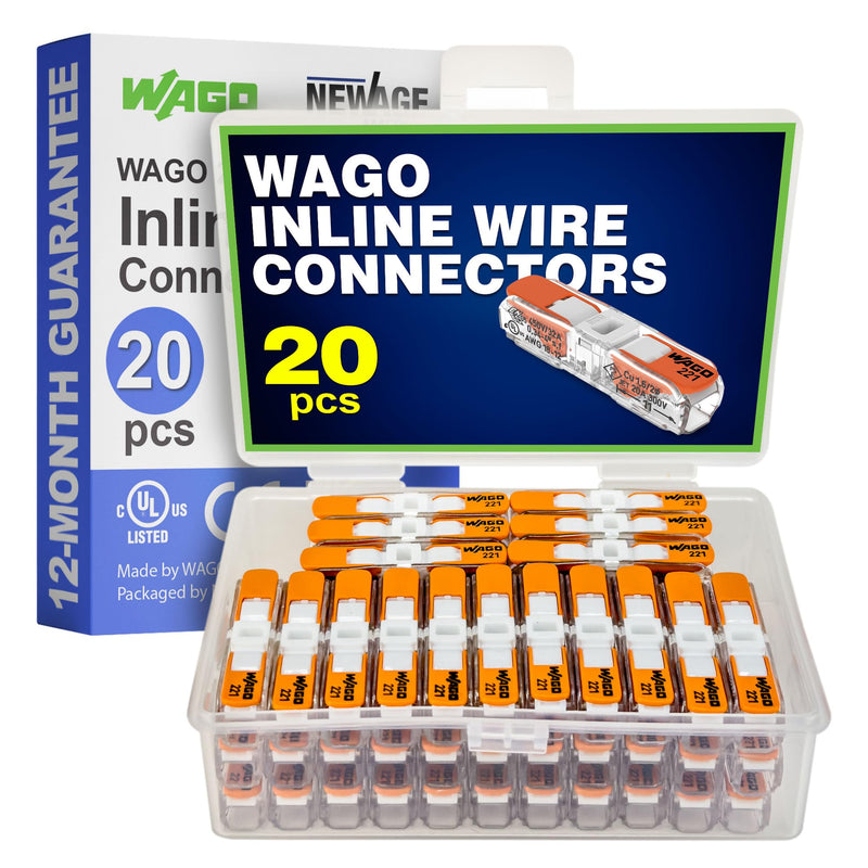 WAGO 221-2401 20pc Inline Compact Splicing Wire Connectors | Includes 20pc 221-2401 (2 Conductor) | WAGO Wire Connectors | WAGO 221 Wire Nuts | WAGO 221 Series Inline | WAGO Inline Wire Connectors 20
