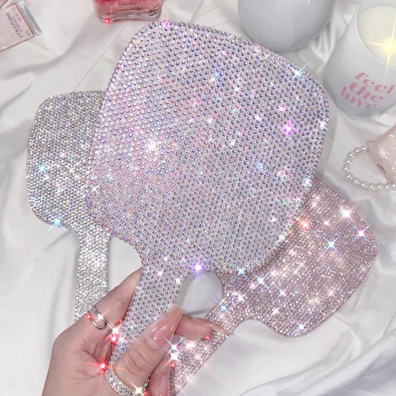 TISHAA Bling Handheld Makeup Mirror – Sparkly Crystal Rhinestone Compact Mirror for Women, Cute Portable Vanity Mirror for Travel, Purse, Gift for Her (White AB) White Ab