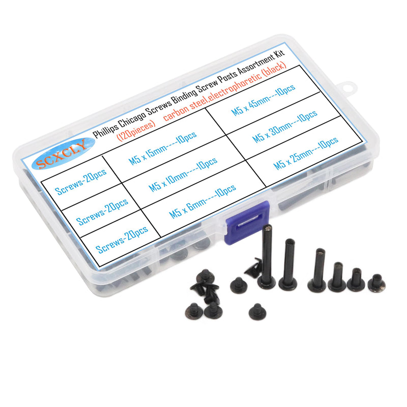 120pcs Chicago Screws Binding Screw Posts Assortment Kit, 6 Sizes(M5 x 6/10/15/25/30/45m), Carbon Steel Electrophoretic (Black) Electrophoretic-Black