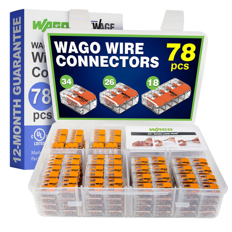 WAGO 221 Series 78pc Compact Splicing Wire Connectors | Includes (34x 221-412), (26x 221-413), (18x 221-415) | WAGO Wire Connectors | WAGO 221 Wire Nuts | WAGO 221 Series Assortment with Case NAA221-78