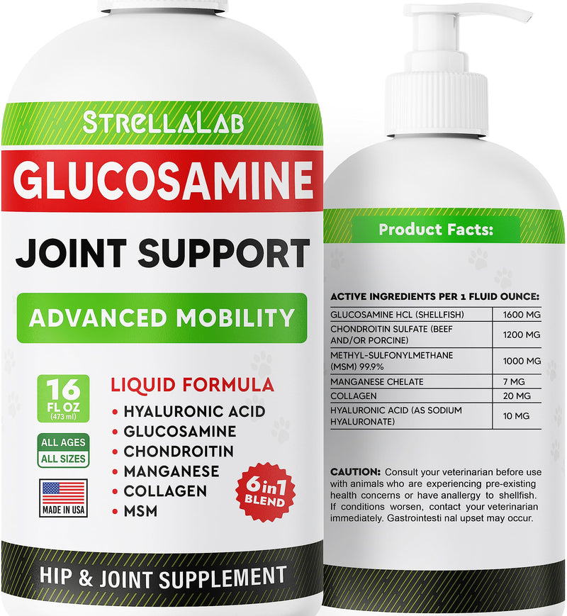 StrellaLab Liquid Glucosamine for Dogs (16 OZ) - All-Natural Hip & Joint Supplement for Dogs, Glucosamine Chondroitin Liquid, MSM & Collagen for Dogs Mobility, Joint Pain Relief for Small & Large Dogs - PawsPlanet Australia