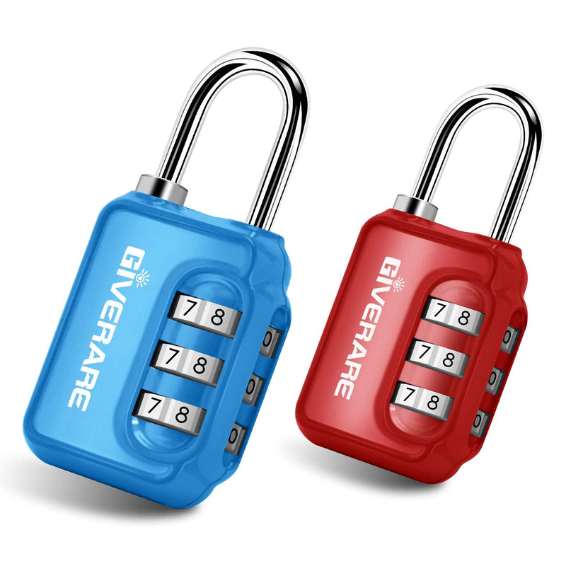 GIVERARE 2 Pack Combination Lock, 3-Digit Padlock Keyless, Resettable Luggage Locks for Backpack, Gym & School&Employee Locker,Weatherproof Travel Lock for Fence, Backyard Gate, Hasp, Case-Blue+Red