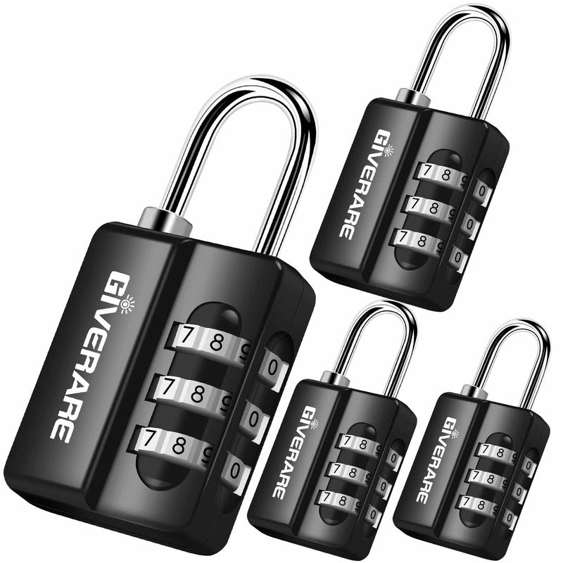 GIVERARE 4 Pack Combination Lock, 3-Digit Padlock Keyless, Resettable Luggage Locks for Backpack, Gym & School & Employee Locker, Weatherproof Travel Lock for Fence, Backyard Gate, Hasp, Case-Black Black
