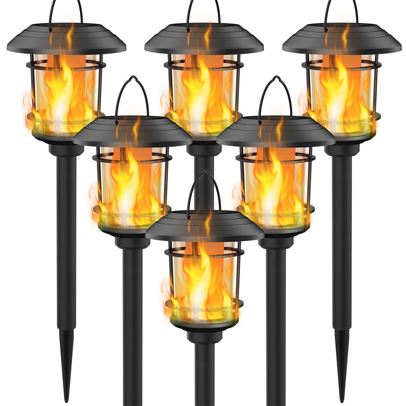 Dynaming 6 Pack Solar Flame Torch Lights Outdoor, Halloween Dual Use Flickering Flame Garden Light, Christmas Hanging Lanterns, Auto On/Off & Waterproof Lighting for Lawn Patio Yard Walkway Driveway Warm White