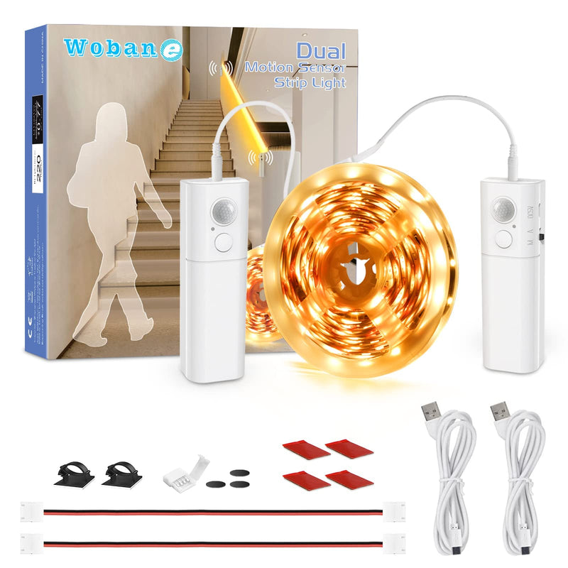 WOBANE Dual Motion Sensor Under Bed Lights,Rechargeable 16.4ft LED Light Strip,Battery Powered Tape Light for Shelves,Cabinet,Anywhere,PIR Detector,Cuttable,Flexible,2700K Warm White White&Warm White(2700K)