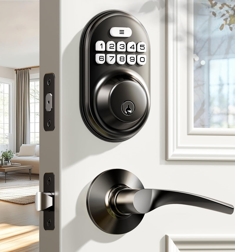 Veise Keyless Entry Door Lock with 2 Lever Handles - Electronic Keypad Deadbolt, Auto Lock, Back Lit & Easy Installation Design, Front Door Handle Sets, Matte Black