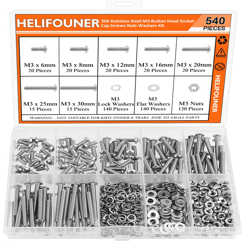 540 Pieces M3 x 6mm /8mm /12mm /16mm /20mm /25mm /30mm, Button Head Socket Cap Screws Bolts Washers Nuts Kit, 304 Stainless Steel Button Head Screws