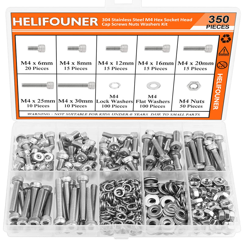 350 Pieces M4 x 6mm /8mm /12mm /16mm /20mm /25mm /30mm, Hex Socket Head Cap Screws Bolts Washers Nuts Kit, 304 Stainless Steel Socket Head Screws