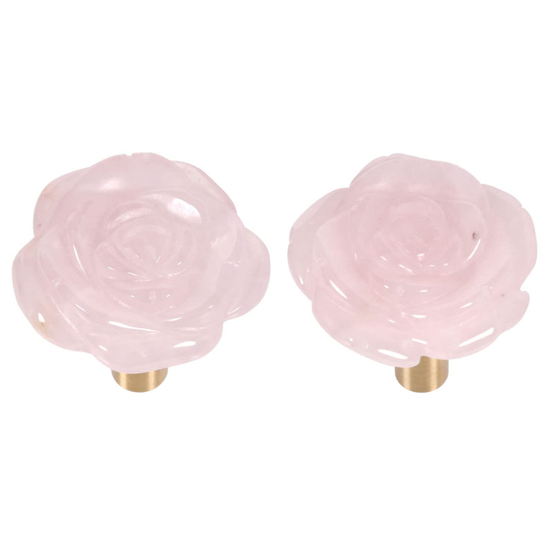SUNYIK Pack of 2 Rose Quartz Carved Rose Flower Cabinet Knobs with Screws Polished Stone Dresser Pull Handle Drawer Door Knob Decor Home Office Pink