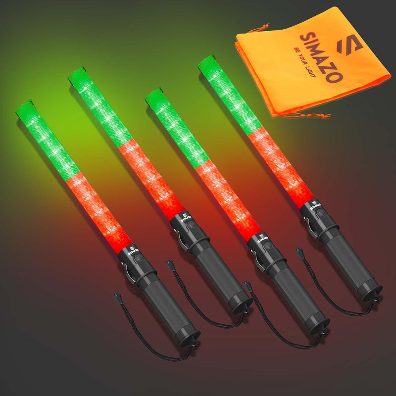 4 Pieces 21 Inch Signal Traffic Wand with 3 Flashing Modes & 6 Led Lights, Traffic Safety Baton with Wrist Strap for Air Marshalling, Car Directing, Parking Guides (Red&Green) Red & Green 4 Pack