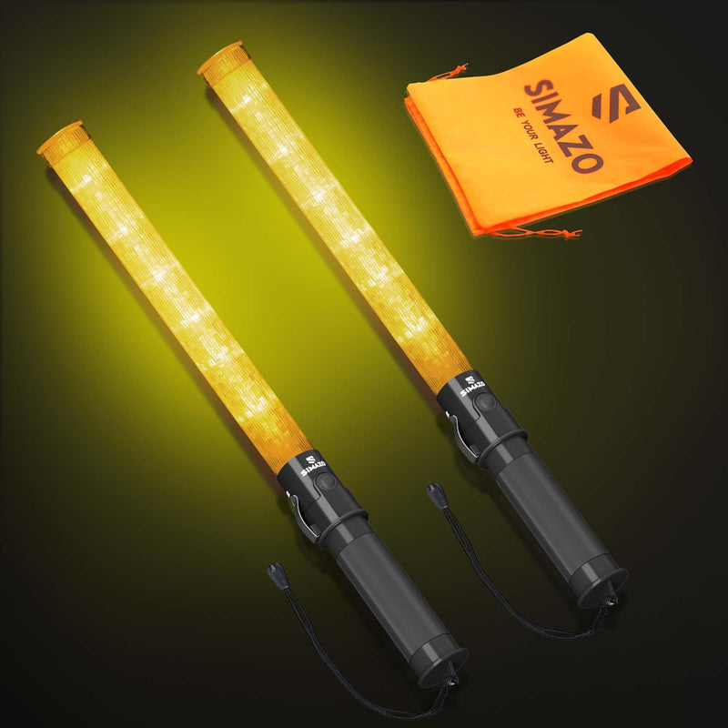 2 Pieces 21 Inch Signal Traffic Wand with 3 Flashing Modes & 6 Led Lights, Traffic Safety Baton with Wrist Strap for Air Marshalling, Car Directing, Parking Guides (Yellow) Yellow 2 Pack