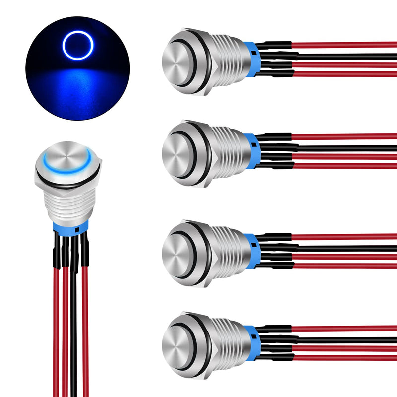 Nilight 12mm Push Button Switch 5PCS with Pre Wired Harness 12V 24V Stainless Steel Self Locking Latching LED Round Switches SPDT 4Pin Waterproof Metal Switch for Boats Cars Truck 5Pcs 12mm Switch