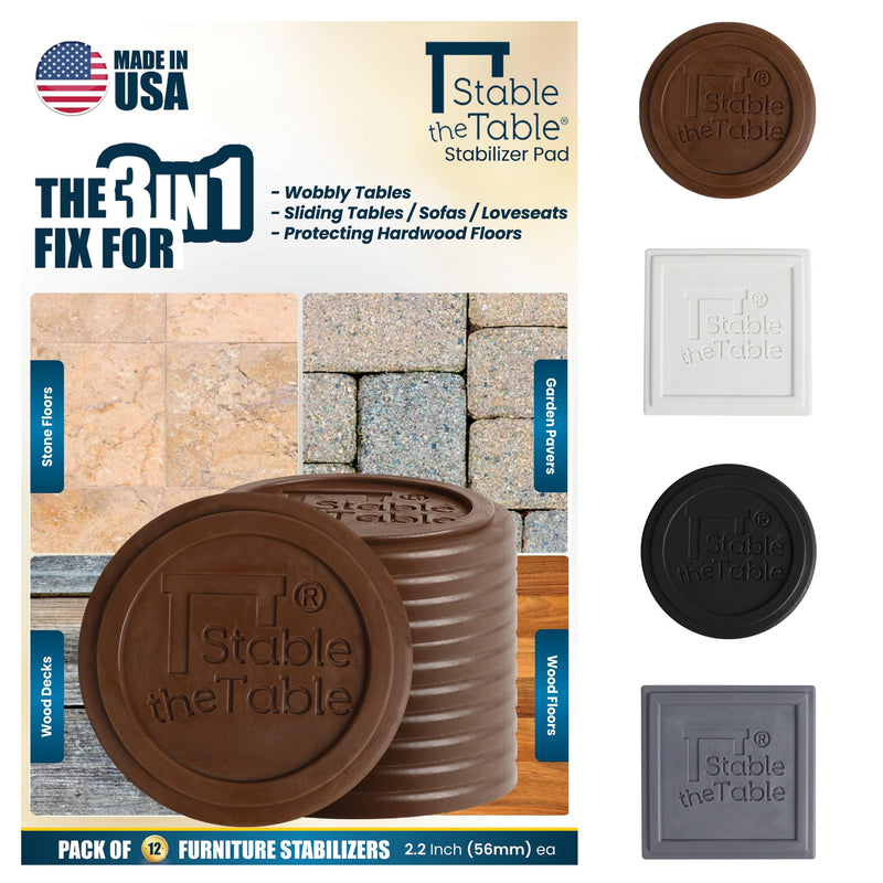 Stable The Table-12 Pack-Walnut Round, Furniture Leveler & Riser, Anti-Slip Sofa Gripper for Hardwood Floors, Floor Protector, Stacking Furniture Pad, Bed, Desk, Couch & Table Stabilizer, Made in USA Walnut Round 12