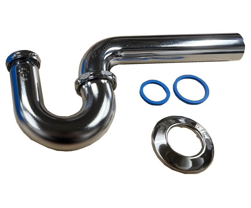 EZ-Fluid 1-1/2" x 1-1/4" Thick Heavy Duty 17 Gauge Chrome Brass Bathroom Sink P-Trap Chock Neck w/Brass Nuts, for Lavatory Sink Waste Drain P-Trap Tubular Kit, Commercial Grade 1-1/2" x 1-1/4" Reducing