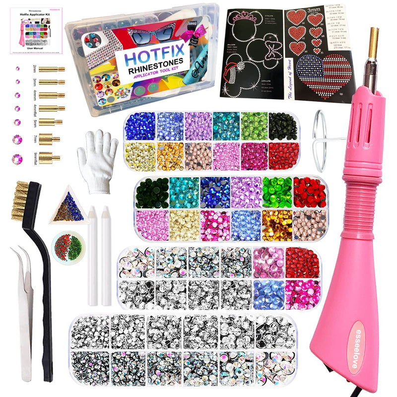esseelove Bedazzler Kit with Rhinestones, Hotfix Applicator, DIY Hot Fix Rhinestone Setter, Hot Fixed Bedazzling Kit, 4380 Pcs, Crystal AB, Clear, 14 Colors, Box Set