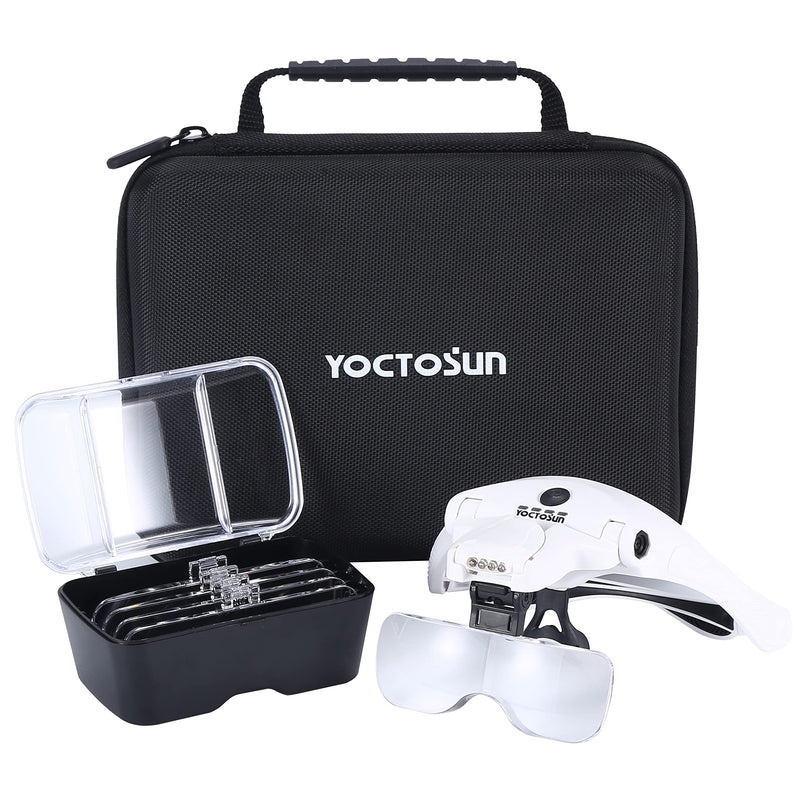 YOCTOSUN Magnifying Glasses with 4 LED Lights, Head Mount Magnifier with Storage Case,5 Lenses, Headband, Hands Free Lighted Head Magnifying Visor for Hobby Crafts & Close Work White With Storage Case