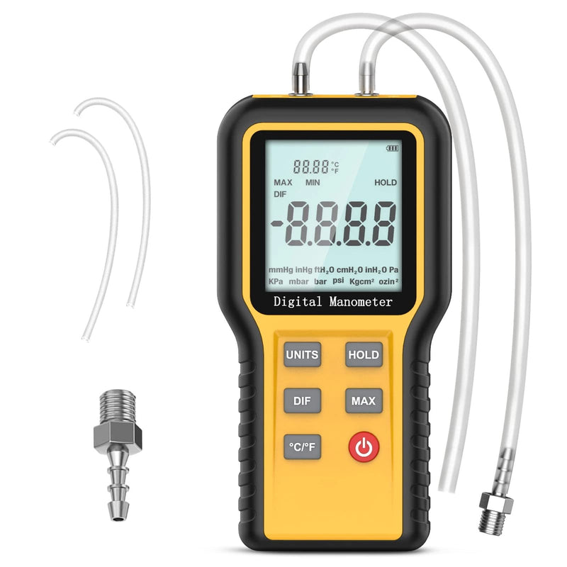 Manometer, Professional Air Pressure Meter, Dual-Port HVAC Digital Manometer Gas Pressure Tester,12 Selectable Units Differential Pressure Gauge