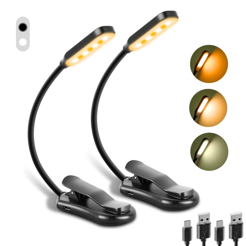Book Light 2 Pack, Rechargeable Reading Lights for Books in Bed-Eye Caring 3 Colors, 360° Flexible Studying Small Desk Lamp, Lightweight Clip-on LED Night Light for Book Lovers, Kids