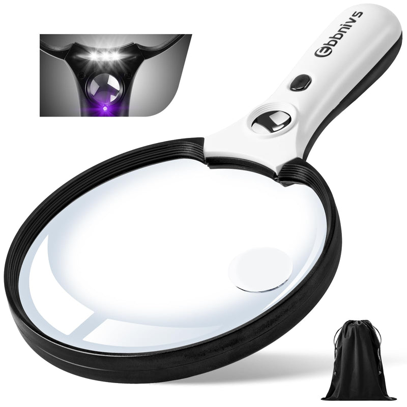 Large Magnifying Glass with Light, Magnifier Handheld Illuminated Lighted Magnifier with 3 LED Lights 1 UV Light Storage Bag Clean Cloth for Seniors Reading Inspection Black
