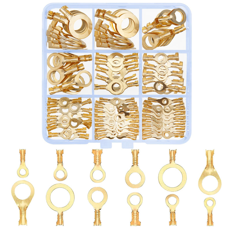 160 Pcs Copper Ring Terminals, M3/M4/M5/M6/M8/M10 Brass Wire Connectors, Open Barrel Wire Ring Cable Lugs Crimp Kit, Brass Copper Ring Crimp Cable Terminals Electrical Terminals Kit
