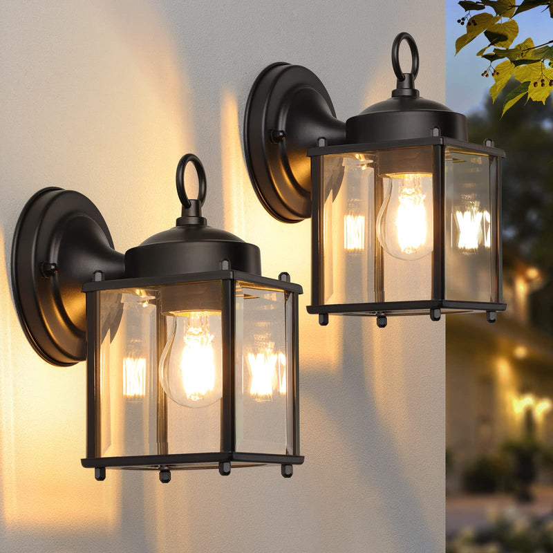 Outdoor Wall Lantern, Exterior Waterproof Wall Sconce Light Fixtures, Black Front Door Wall Lighting with Clear Beveled Glass Shade, 2 Pack 8.27 inch