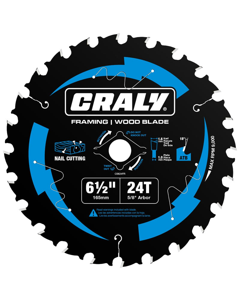 CRALY 6-1/2 Inch 24 Teeth Wood Cutting Framing Circular Saw Blade, 5/8 Inch Arbor, Carbide Tipped, Thin Kerf, Black Ice Coating, for Plywood, MDF, OSB, Laminated(C0624FR) 6-1/2'', 5/8'' arbor, 24T