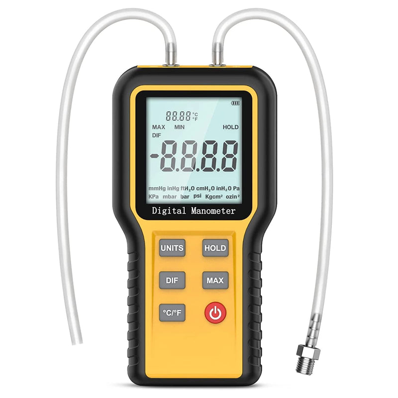 Manometer,Professional Air Pressure Meter Dual-Port Manometer Gas Pressure Tester,12 Selectable Units Differential Pressure Gauge HVAC Gas Pressure Meter(Included Battery) E2-QX1201(±20.68 KPa/士2.999 PSi)