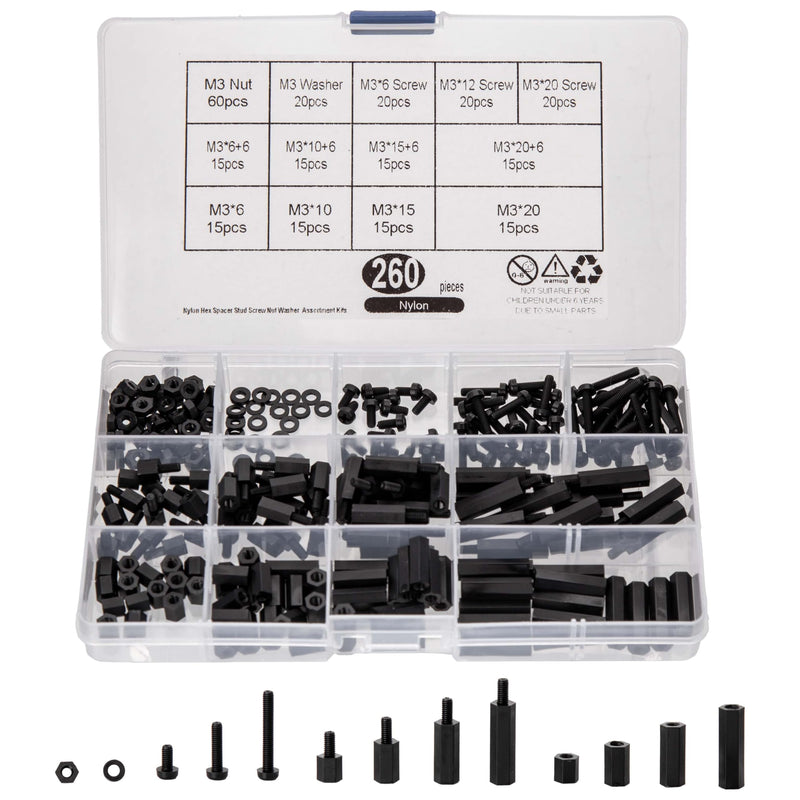 260 Pcs M3 Male Female Nylon Hex Spacer Standoffs Screws Nuts, Nylon Hex Threaded Pillar Spacer Standoffs Screws Nuts Assortment Kit for PCB Motherboard Circuit Board - Black - NewNest Australia