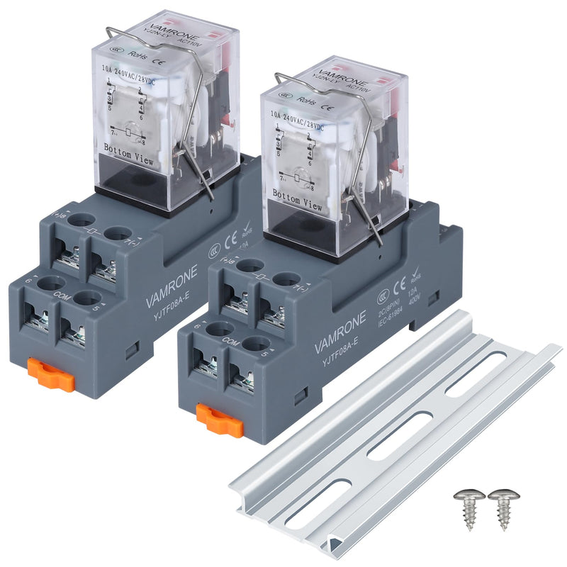 Electromagnetic Power Relay, 8-Pin 10 AMP 110V/120V AC Relay Coil with Socket Base, LED Indicator, DPDT 2NO 2NC - MY2NJ 2PCS [Applicable for DIN Rail System] AC 110V 8Pin-10A-2PCS