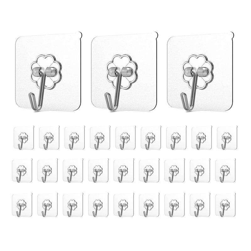 Adove Adhesive Hooks for Hanging, Heavy Duty Wall Hooks 20 Pack, Removable Sticky Ceiling Hooks, Transparent Self Adhesive Shower Hooks, Water & Oil Proof Strong 22lb(Max) Door Coat Hooks