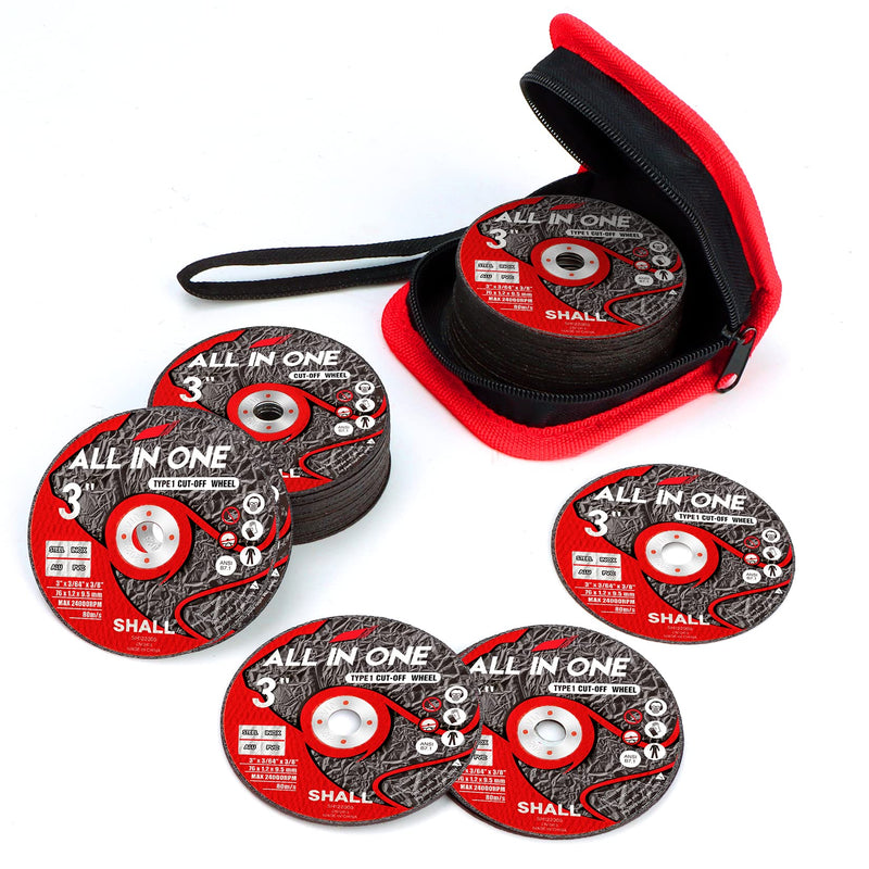 SHALL 25-Pack Cut Off Wheels 3” x 3/8” x 3/64” - Ultra Thin Cutting Wheel with Pouch for Angle Grinder & Cut-Off Tools - Fast Cutting Disc for INOX, Steel, Iron, Non-Ferrous Metal & PVC 25PCS 3 x 3/64 x 3/8