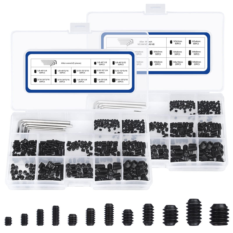 1000pcs Metric + SAE Set Screw Assortment Kit, Internal Hex Drive Cup-Point Allen Screws Set 12.9 Class Alloy Steel Grub Screw (M3-M8, 1/8"-40 to 5/16"-18) Black Set Screws 1000PCS