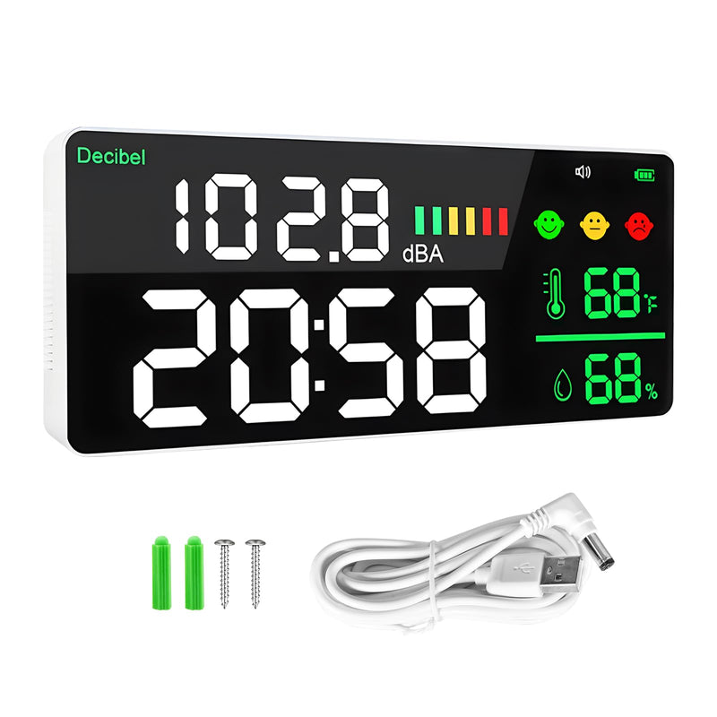 Decibel Meter Wall Hanging Sound Level Meter, 11in Large LED Display +Time + Humidity + Temperature; 4 in 1 Decibel Meter 30-130dB Rang DB Meter & SPL Meter Wide Applications for Home T4-DM165A-F