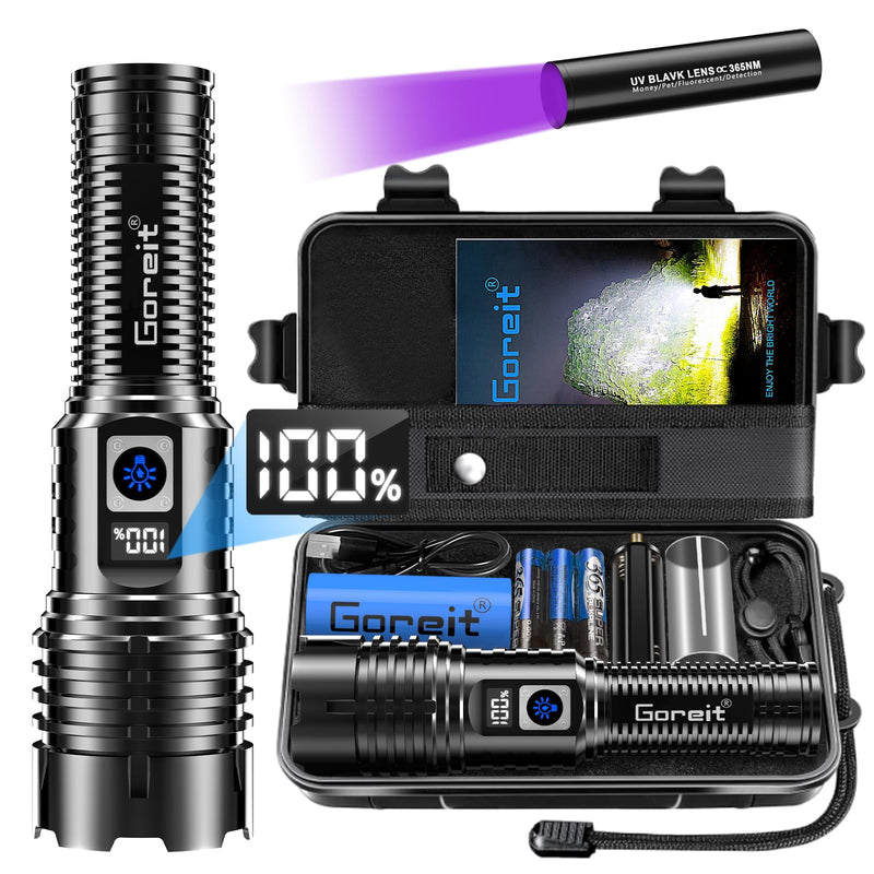 Goreit Flashlights LED High Lumens Rechargeable, 20,000 Lumens XHM77.2 Super Bright Flash Light USB, Handheld Flashlight High Powered, Powerful Flashlight Waterproof for Emergency Camping Gift Black