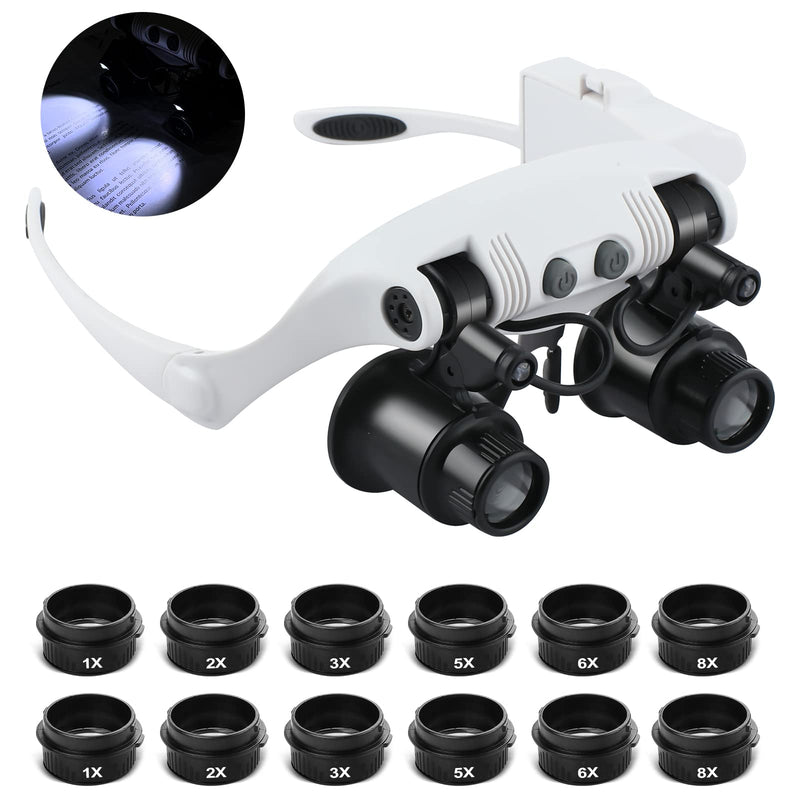 Hands Free Head Magnifying Glasses, Magnifier with Light, 1X, 2X, 3X, 5X, 6X, 8X, Ideal for Jewelry, Eyelash Extensions, Soldering, Craft, Cross Stitch Black Head Magnifying Glass