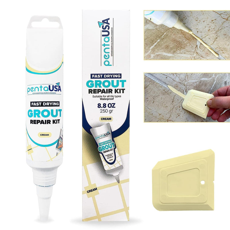 PentaUSA Tile Grout Repair Kit - Cream Grout Filler, Triple Protection, Fast Drying Formula Restores and Renews Grout Lines with Grout Float (Cream, 8.8oz / 250gr)