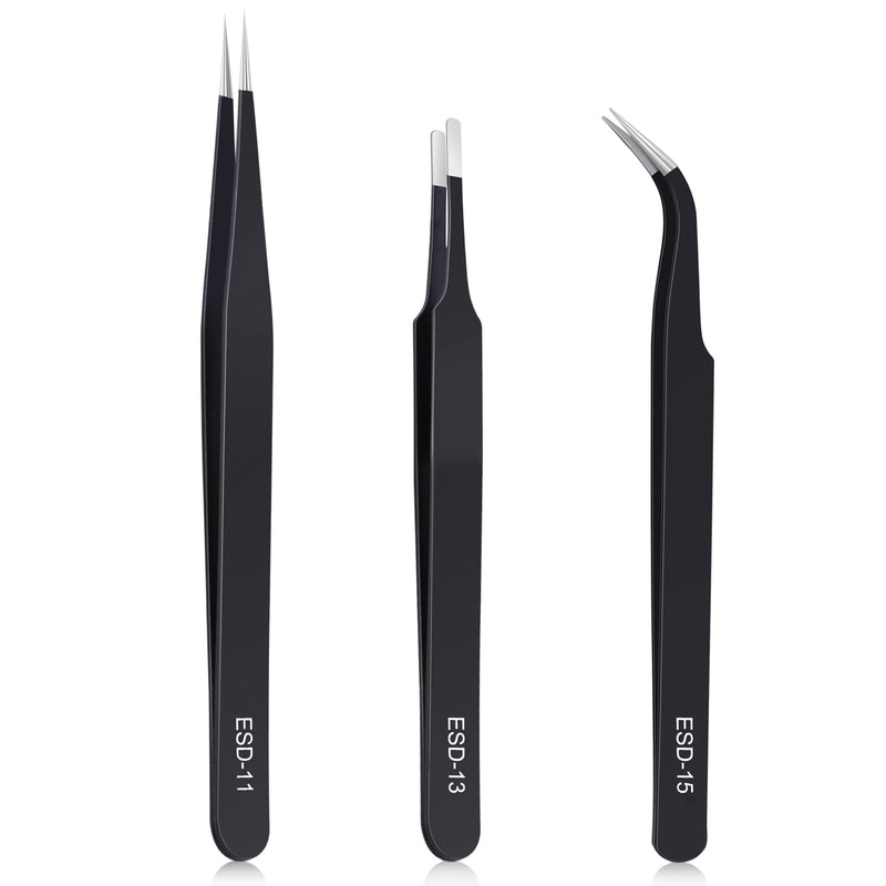 3PCS Precision Tweezers Set, Upgraded Anti-Static Stainless Steel of Tweezers, for Electronics, Soldering, Laboratory Work, Jewelry-Making, Model, Craft 3