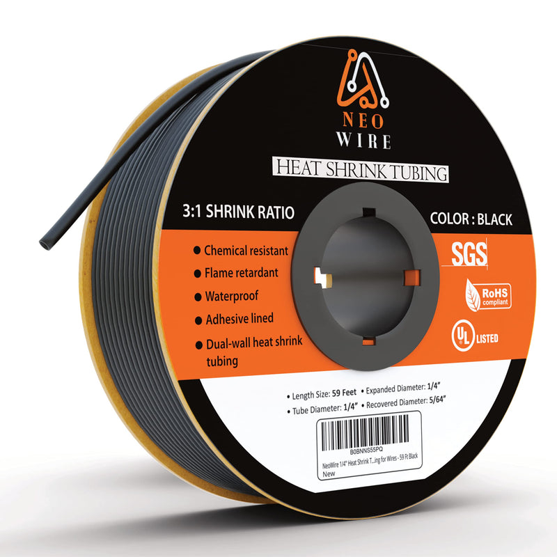 Heat Shrink Tubing 1/4", 3:1 Ratio Shrink Tube Industrial and Marine Grade, Dual Wall Adhesive Lined Wire Shrink Wrap Tubing, 59 Feet Roll 1/4" 59 Feet Black