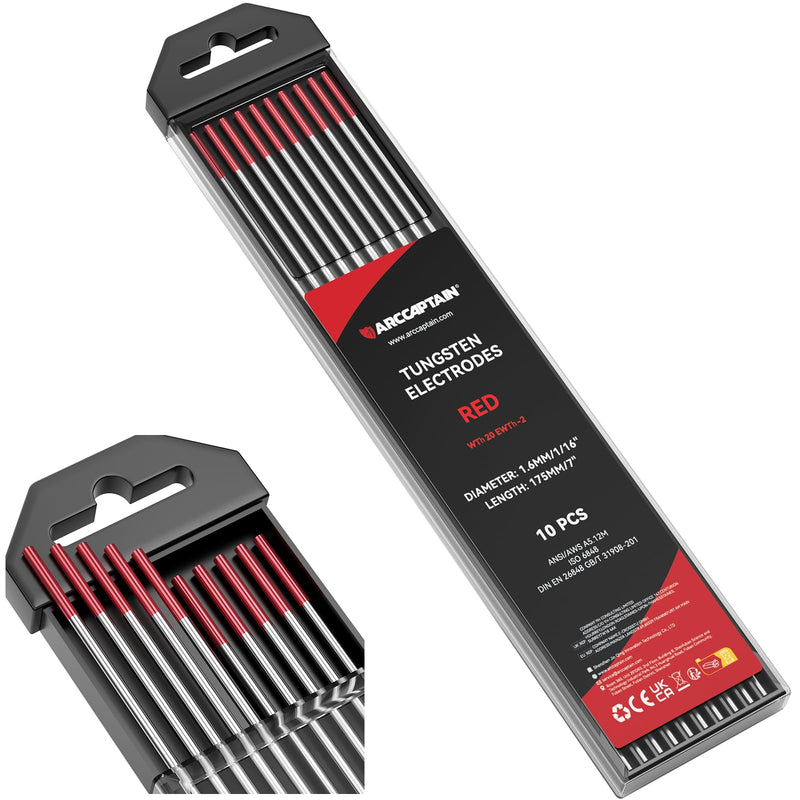 ARCCAPTAIN TIG Welding Tungsten Electrode 10-Pack 1/16"x 7"(Red, WT20/EWth-2) Red